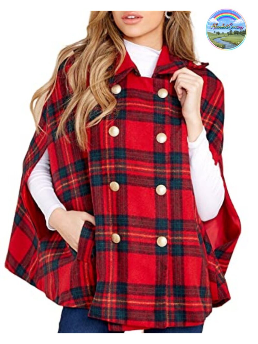 Wool Blend Plaid Double Breasted Cape Coat with Pockets Winter